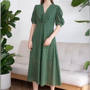 Green Eyelet Midi Dress With Knotted Front Detail